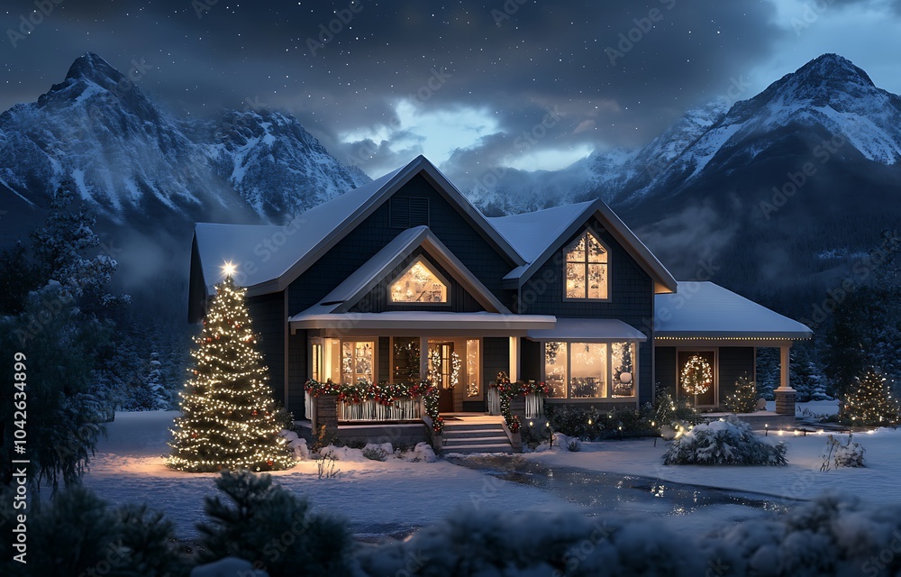 A house with Christmas lights at night, a large tree in front of the door and a small one on each side of it. There is snow covering the ground outside A house with Christmas lights at night, a large tree in front of the door and a small one on each side of it. There is snow covering the ground outside
