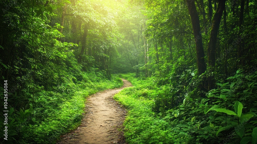 Fototapeta premium A serene forest path winding through lush greenery, inviting exploration and tranquility.
