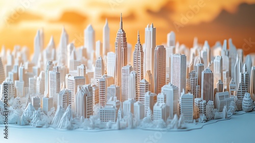 Stylized city skyline model, sunset background