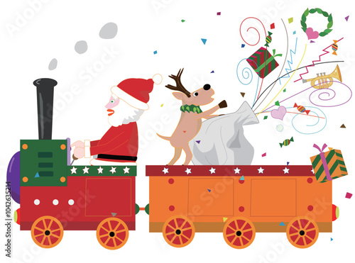 蒸気機関車に乗ってクリスマスを楽しんでいるサンタクロースとトナカイ。