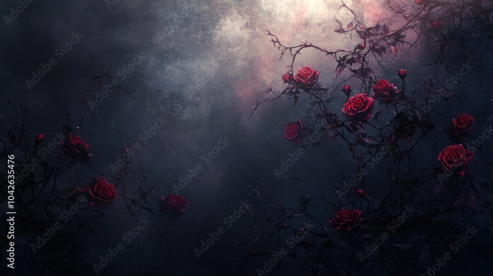 Dark Moody Forest Background with Red Roses and Mist Dark Moody Forest Background with Red Roses and Mist