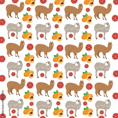 sheep, alpaca with fruit as a pattern background