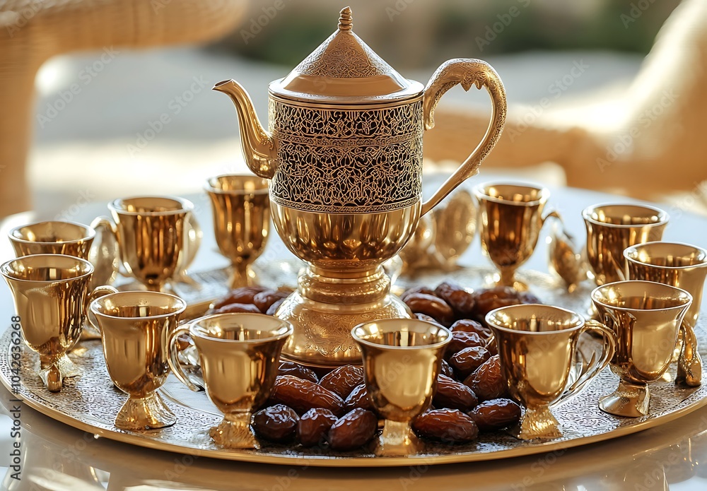 Fototapeta premium Arabic coffee service, with golden saucers and table setting with dates and dried fruits in small bowls around the teapot on top of a glass dining room table