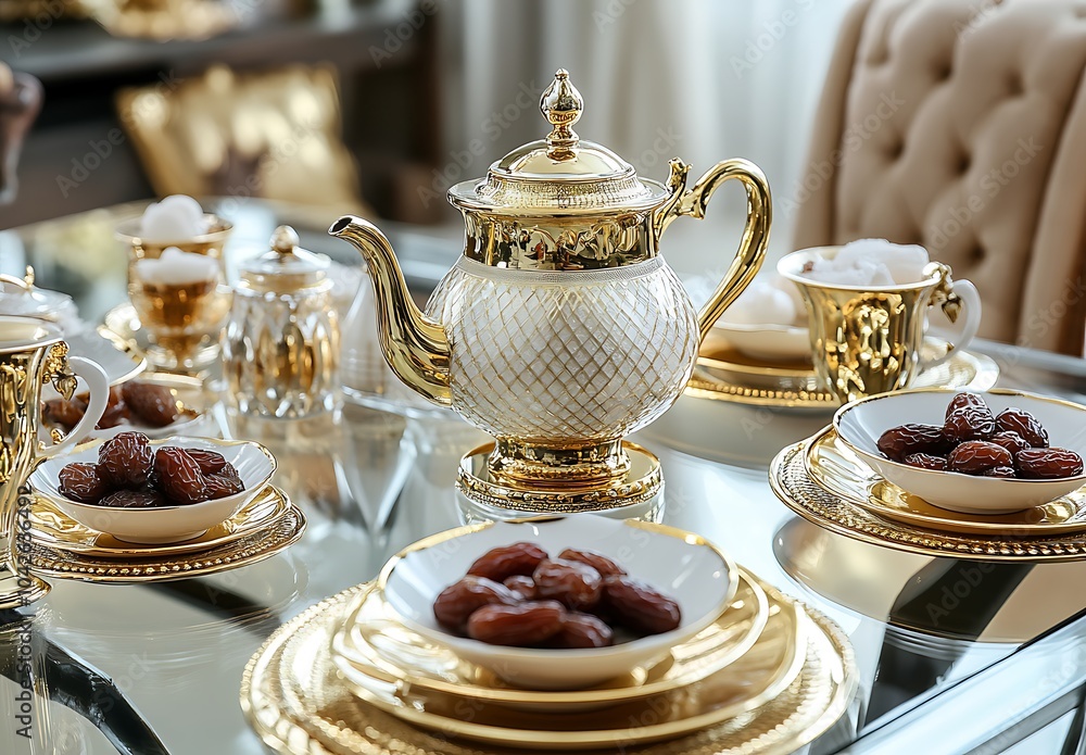 Fototapeta premium Arabic coffee service, with golden saucers and table setting with dates and dried fruits in small bowls around the teapot on top of a glass dining room table