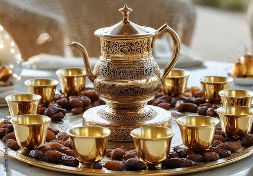 Arabic coffee service, with golden saucers and table setting with dates and dried fruits in small bowls around the teapot on top of a glass dining room table