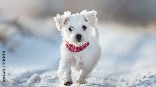 A tiny white puppy scuttling in the cold while sporting a vibrant collar photo