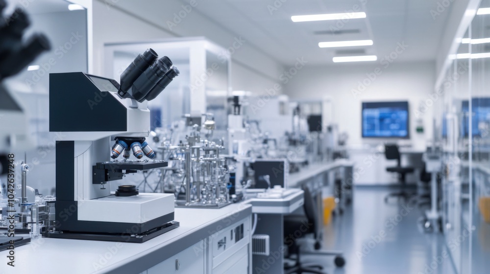 An advanced nanotechnology research facility, cleanroom environment with electron microscopes and nano-manipulation tools, High-tech style An advanced nanotechnology research facility, cleanroom environment with electron microscopes and nano-manipulation tools, High-tech style