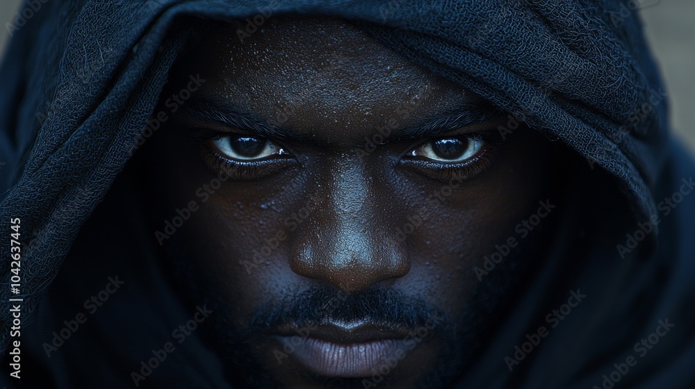 Close-up view of afro-american man eyes blinking and looking straight. Detailed portrait of confident and calm black guy staring at camera. Close-up view of afro-american man eyes blinking and looking straight. Detailed portrait of confident and calm black guy staring at camera.