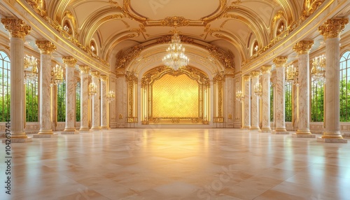 Opulent interior of a grand hall featuring tall pillars, ornate ceilings, and lavish chandeliers, illuminated by natural light from large windows, creating an elegant atmosphere.