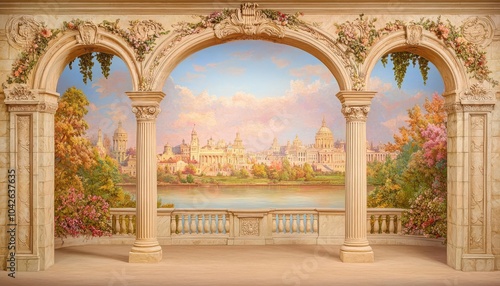 A beautiful architectural backdrop featuring intricate arches with a picturesque view of a serene landscape and city skyline under a colorful sky, perfect for visual storytelling.