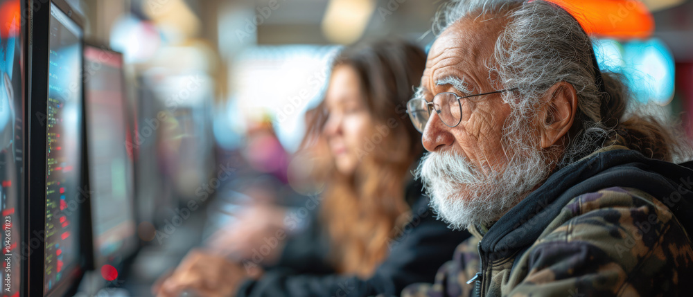 Obraz premium Older man studying financial data on a computer alongside a young woman in a lively co-working space