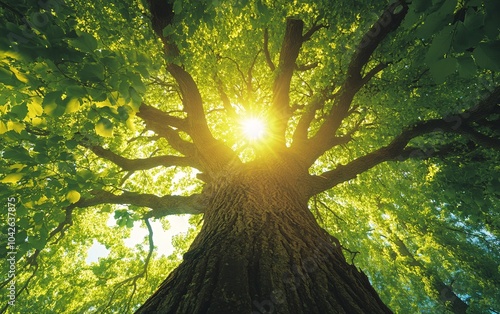 A majestic tree viewed from below, sunlight filtering through vibrant green leaves, creating a stunning natural canopy in a serene environment. photo