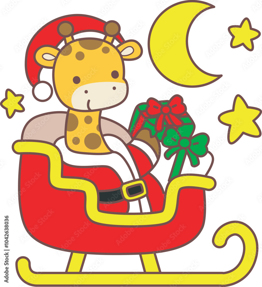 Obraz premium Set Christmas Vector Stock Illustrations of Baby Giraffe. Cute giraffe animals with christmas theme.