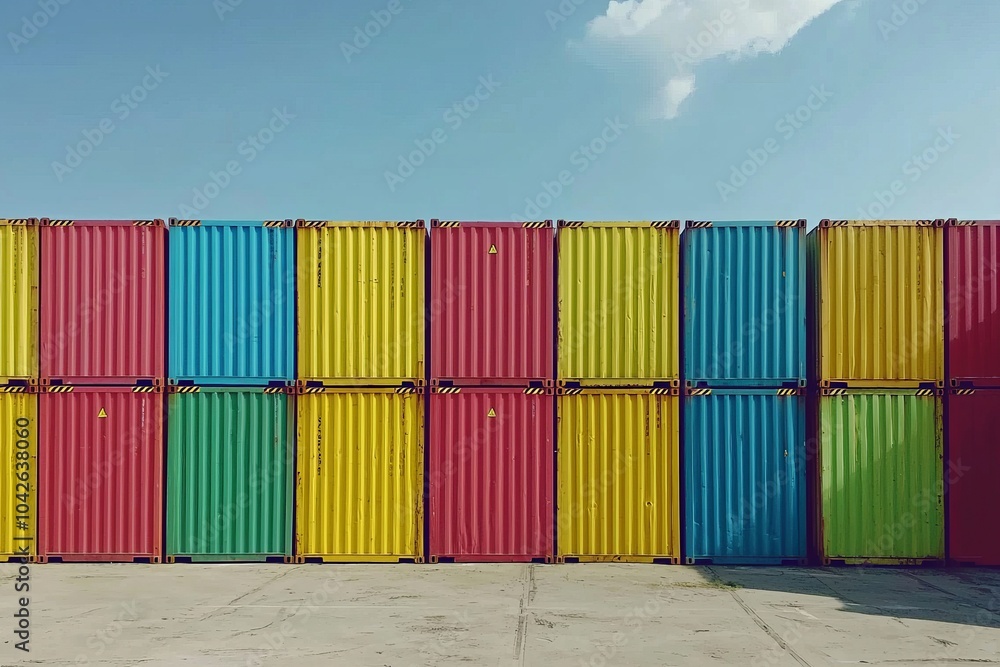 Fototapeta premium Illustrate a shipping container yard with colorful containers stacked high. Emphasize the organization and variety