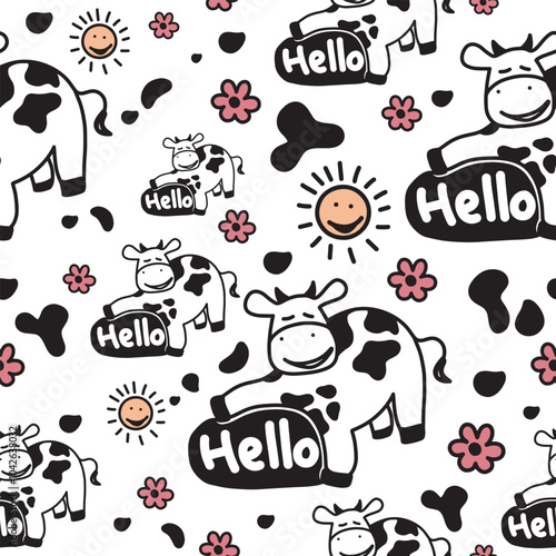 seamless pattern cartoon cow and flower. cute animal wallpaper for textile, gift wrap paper. Farm animals. Logotype.