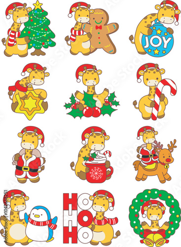 Set Christmas Vector Stock Illustrations of Baby Giraffe. Cute giraffe animals with christmas theme.