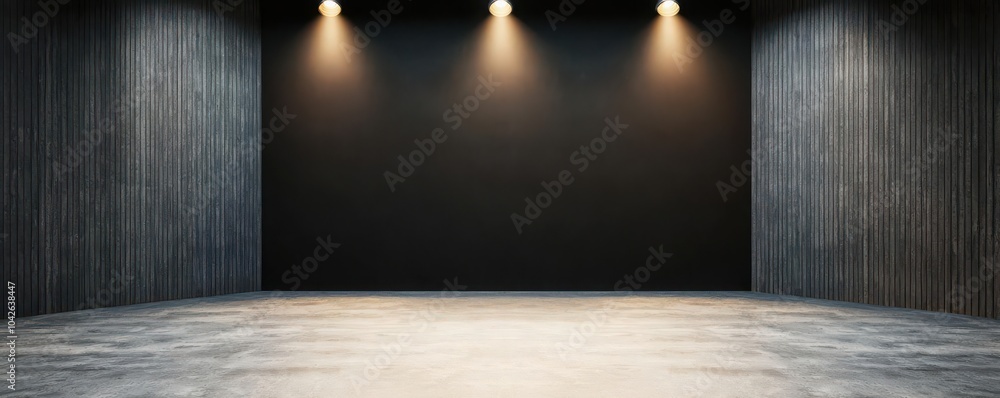 A modern, empty interior space with wooden walls and bright spotlights. The clean floor reflects the light, creating a striking atmosphere perfect for presentations or exhibitions. A modern, empty interior space with wooden walls and bright spotlights. The clean floor reflects the light, creating a striking atmosphere perfect for presentations or exhibitions.