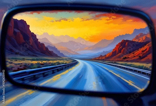 Road in mountain valley view from car interior through windshield. Scenery landscape with rocks and green fields. Straight highway, asphalted way in highland perspective, Cartoon vector illustration
 photo