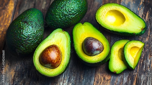 Halved and Whole Ripe Avocados on Wooden Surface photo