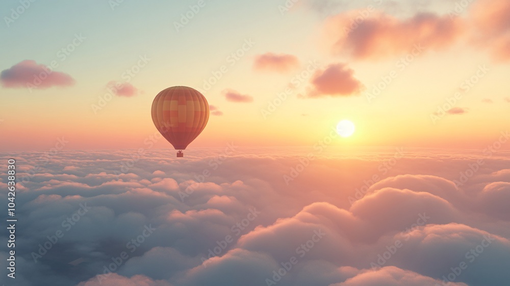 A hot air balloon floats gracefully above fluffy clouds at sunrise, creating a serene and breathtaking sky view. A hot air balloon floats gracefully above fluffy clouds at sunrise, creating a serene and breathtaking sky view.