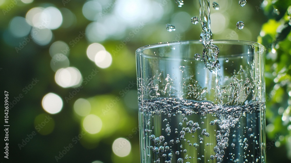 A refreshing glass of sparkling water with bubbles, captured against a blurred green background, highlighting the essence of hydration and vitality. A refreshing glass of sparkling water with bubbles, captured against a blurred green background, highlighting the essence of hydration and vitality.