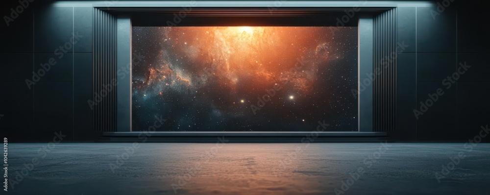 Fototapeta premium A stunning view of a cosmic landscape framed by a futuristic interior, showcasing vibrant colors of nebulae and stars against a dark background.