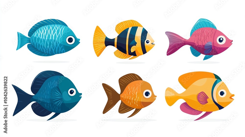 Colorful collection of cartoon fish on a white isolated background, perfect for children's illustrations or educational materials. Colorful collection of cartoon fish on a white isolated background, perfect for children's illustrations or educational materials.