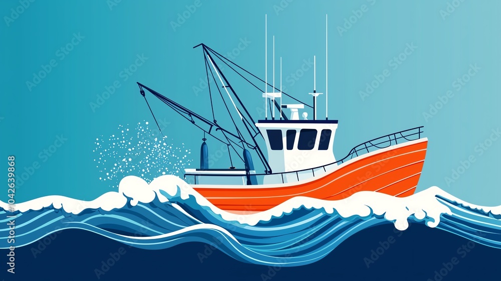 Fishing boat sailing through waves in an ocean environment, vibrant colors, and dynamic movement captured. Fishing boat sailing through waves in an ocean environment, vibrant colors, and dynamic movement captured.