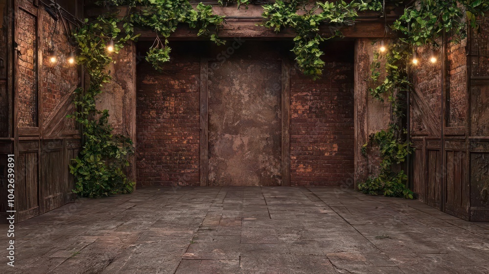 Obraz premium An abandoned rustic space featuring exposed brick walls, wooden details, and greenery, creating a unique, atmospheric setting perfect for photography or artistic expression.