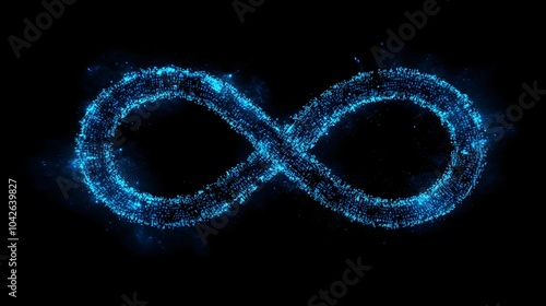 Blue infinity symbol made of glowing binary code particles, on black background