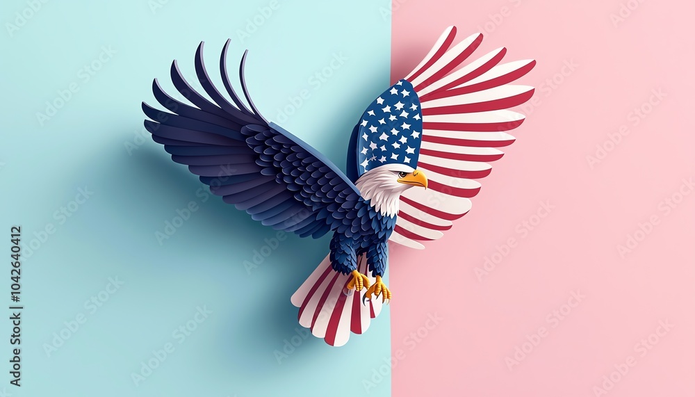 Obraz premium Patriotic eagle with American flag wings, vibrant colors, artistic representation, isolated on a two-tone background.