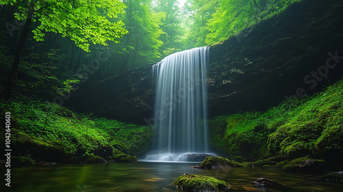 majestic waterfall cascades down rugged cliffs, creating a mist that fills the air, surrounded by lush greenery. The powerful force of nature symbolizes strength, renewal, and the beauty of raw natura