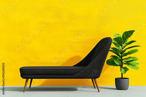 Black lounge chair with plant against yellow wall photo