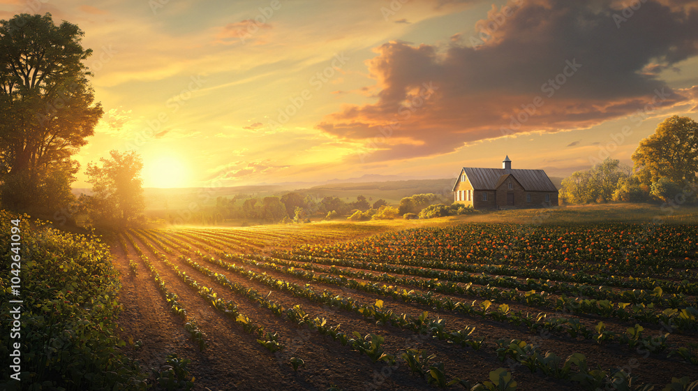 Obraz premium A scenic view of a farmhouse surrounded by fields, with the sunset creating a warm and inviting atmosphere.