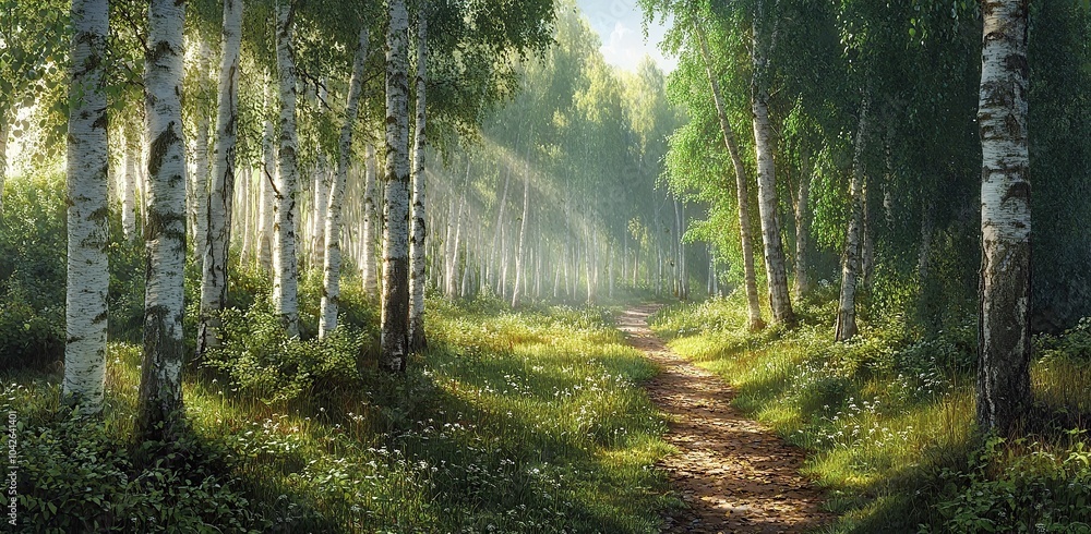 Fototapeta premium A serene birch forest with weeping willows, lush greenery, and sunlight filtering through the leaves