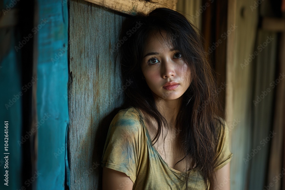 Fototapeta premium Woman leaning against a wooden wall with thoughtful expression