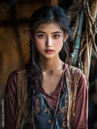 Close-up portrait of a young woman with braided hair