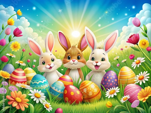 Cute Cartoon Rabbits for Easter Greeting Card Design - Creative Holiday Poster with Bunnies and Copy Space