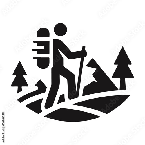 Adventure hiking person with backpack black silhouette icon design