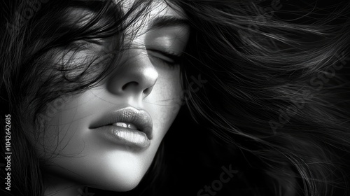 arty black and white photography of a woman face , surrounded by her flowing wavy hair, on a black background. exquisite details, and high resolution. In an overall black tone. Film Noir photography.