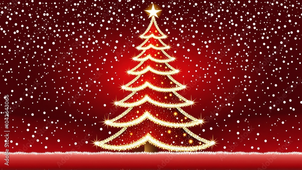 2D Cartoon Illustration of a Sparkling Christmas Tree with Red Light Background 2D Cartoon Illustration of a Sparkling Christmas Tree with Red Light Background