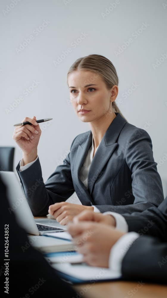 Confident business woman in suit with arms crossed against a clean white background Confident business woman in suit with arms crossed against a clean white background