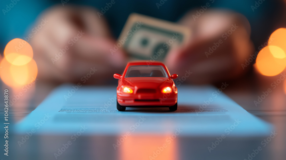 A close-up of a miniature red car on a transaction document, with a blurred hand holding cash in the background, symbolizing buying or selling vehicles.