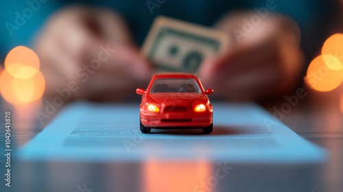 Obraz na płótnie A close-up of a miniature red car on a transaction document, with a blurred hand holding cash in the background, symbolizing buying or selling vehicles. w salonie
