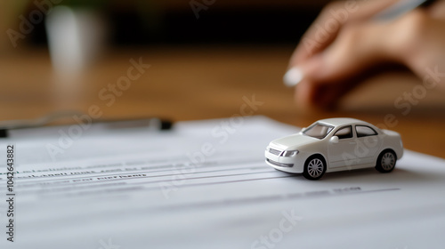 A close-up of a miniature white car on paperwork, symbolizing vehicle ownership and paperwork management.