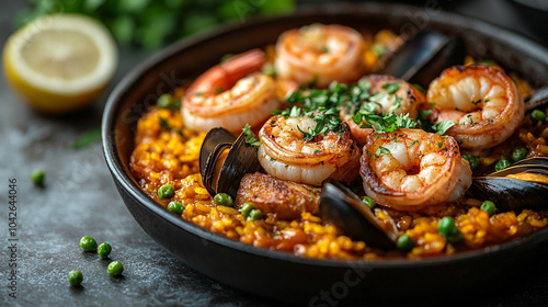 seafood paella with steaming prawns, mussels, and saffron rice. The dish evokes Mediterranean warmth, symbolizing abundance, shared meals, and the ocean's bounty with its rich colors and textures