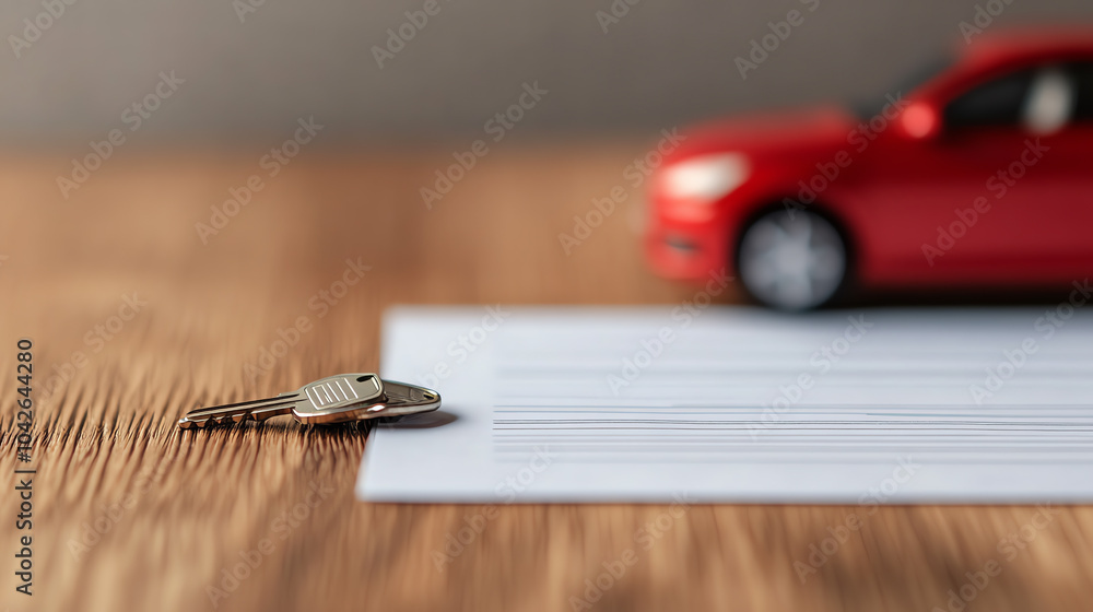 A close-up of car keys resting on a blank sheet of paper, with a red toy car in the background, symbolizing vehicle ownership and auto purchases.