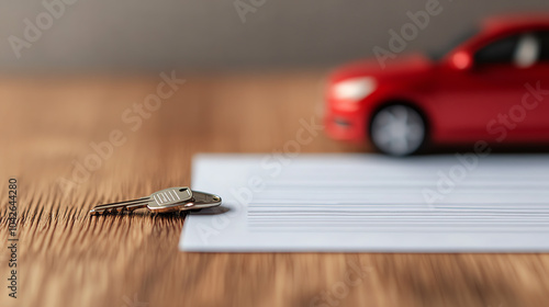 Obraz na płótnie A close-up of car keys resting on a blank sheet of paper, with a red toy car in the background, symbolizing vehicle ownership and auto purchases. w salonie