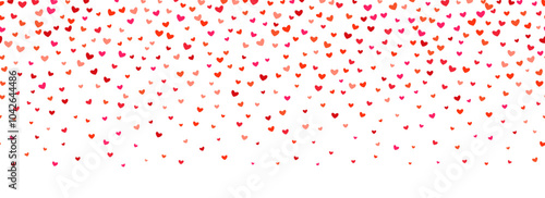 Falling down heart-shaped confetti pattern. Repeated pink and red heart glitter background. Romantic repeating wallpaper for celebration Saint Valentines day, birthday, wedding. Vector