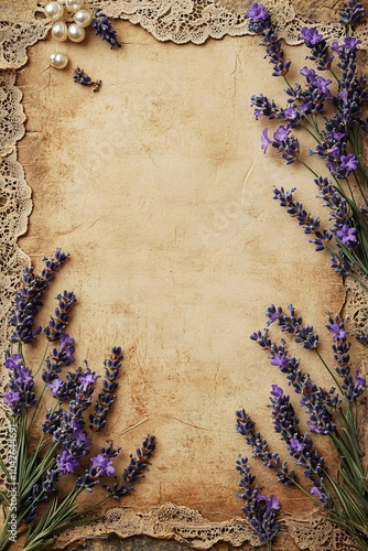 Elegant vintage background with lavender flowers and pearls perfect for invitations announcements or craft projects